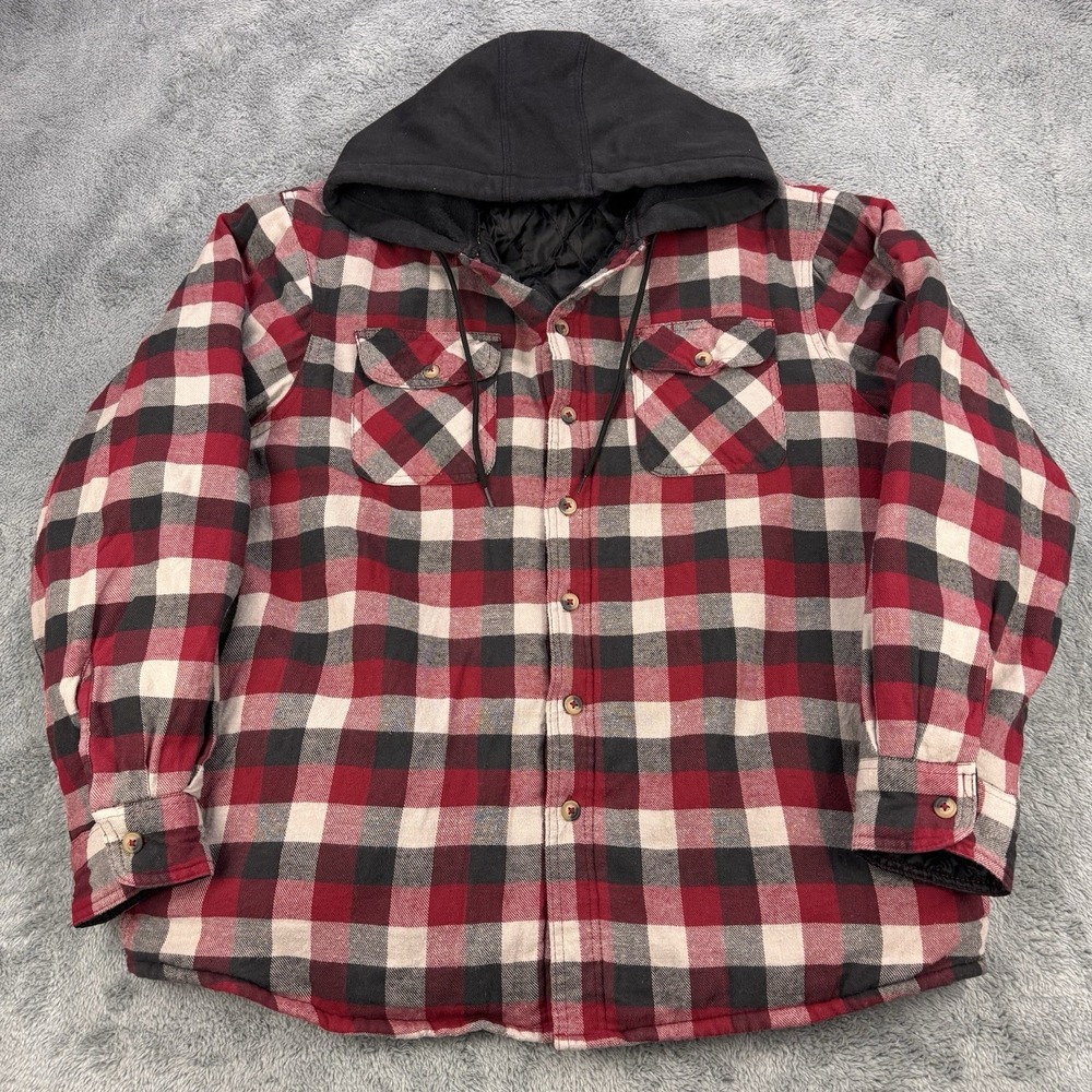 Wrangler Quilted Lined Shacket Men L Red Buffalo Plaid‎ Workwear Hooded
